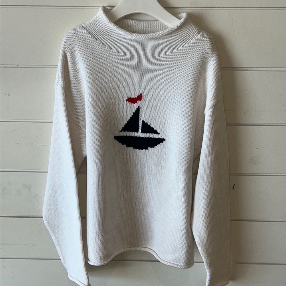 White and Blue Crew Neck Sweater with Sailboat Design